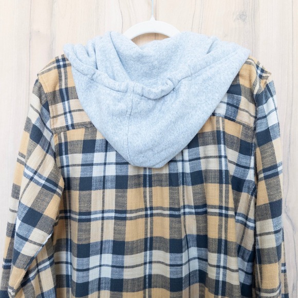 Y2K American Eagle Womens Hooded Flannel Shirt Sz M Yellow Plaid Grunge Gorpcore - Picture 7 of 7